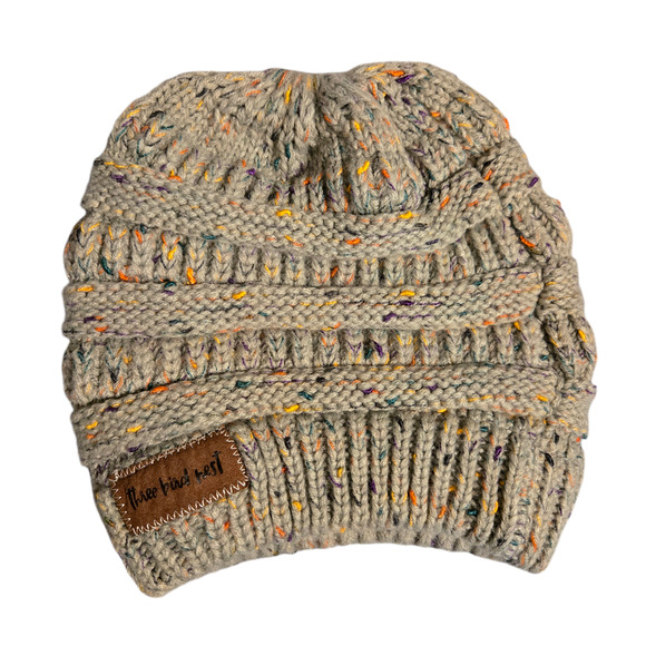 Three Bird Nest Knitted Ponytail Bun Beanie Hat Gray Rainbow Speckles - Picture 1 of 4